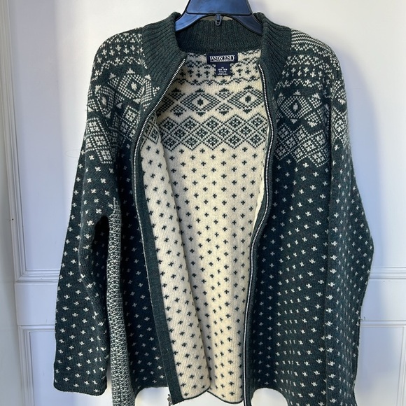 Lands End Knit Wool Fair Isle Full Zip Cardigan Sweater Large XLarge in Green - Picture 6 of 14